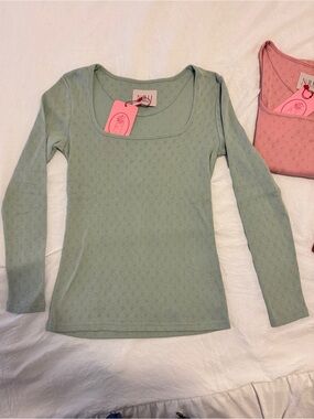 Nalu Bodywear, Seafoam Green Cotton Pointelle, Square Neck, Long Sleeve Top, XS